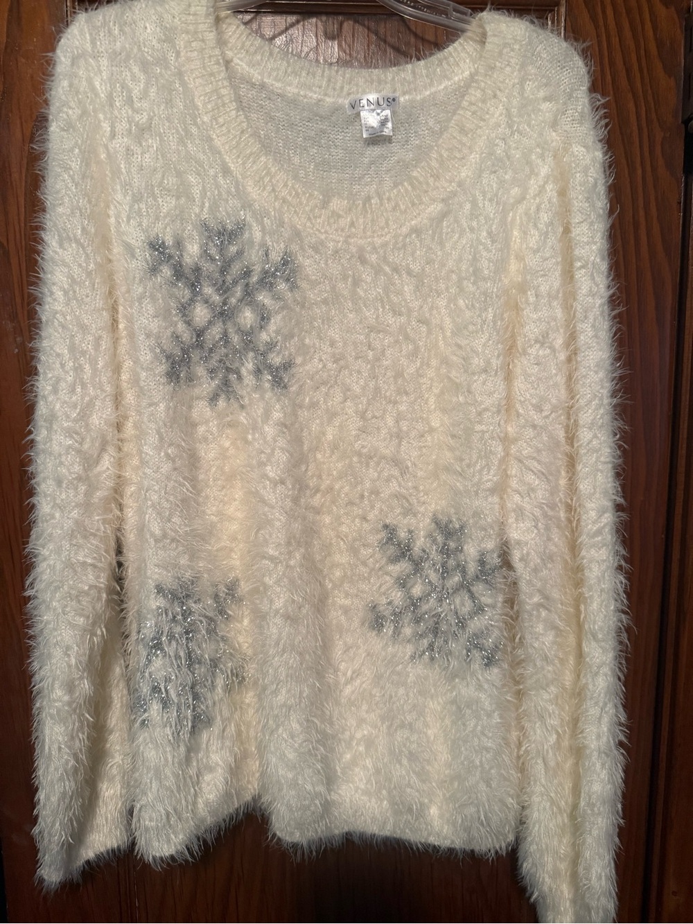 VENUS Cream Fuzzy Crewneck Sweater with Silver Snowflake Accents